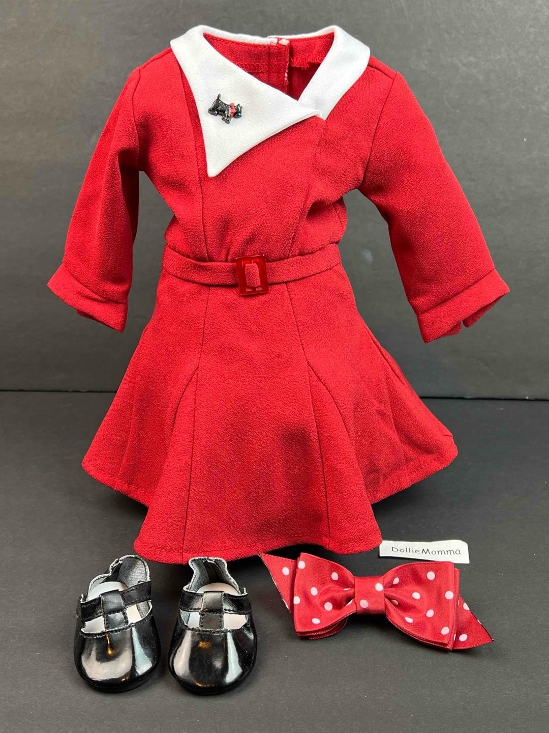 American Girl Kit Red Christmas Dress~Scottie Dog \'pin\'~Hairbow~T-strap shoes~AG