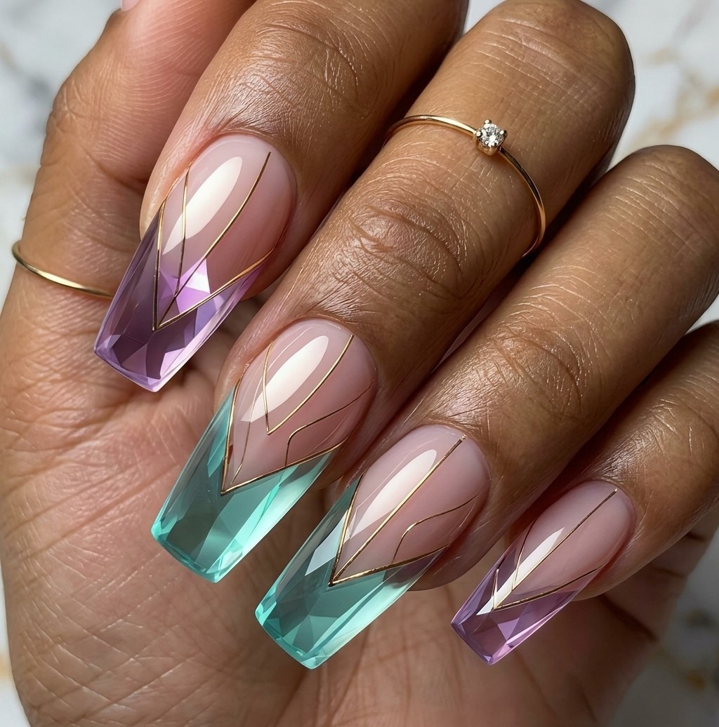 Blue Amethyst Press On Nails Medium Length French Sweet Cool Glue On False Nails