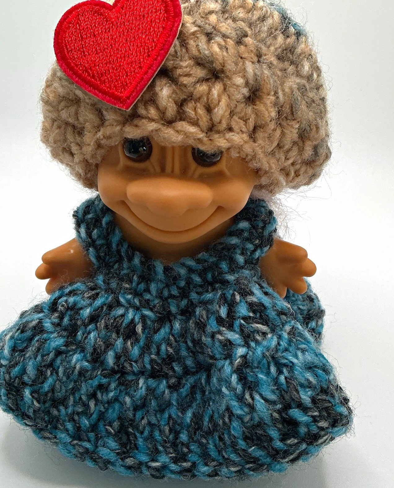 Handcrafted Troll Doll clothes crochet Brown Hat, Blue crochet dress red heart Handcrafted Troll Doll clothes crochet Brown Hat, Blue crochet dress red heart