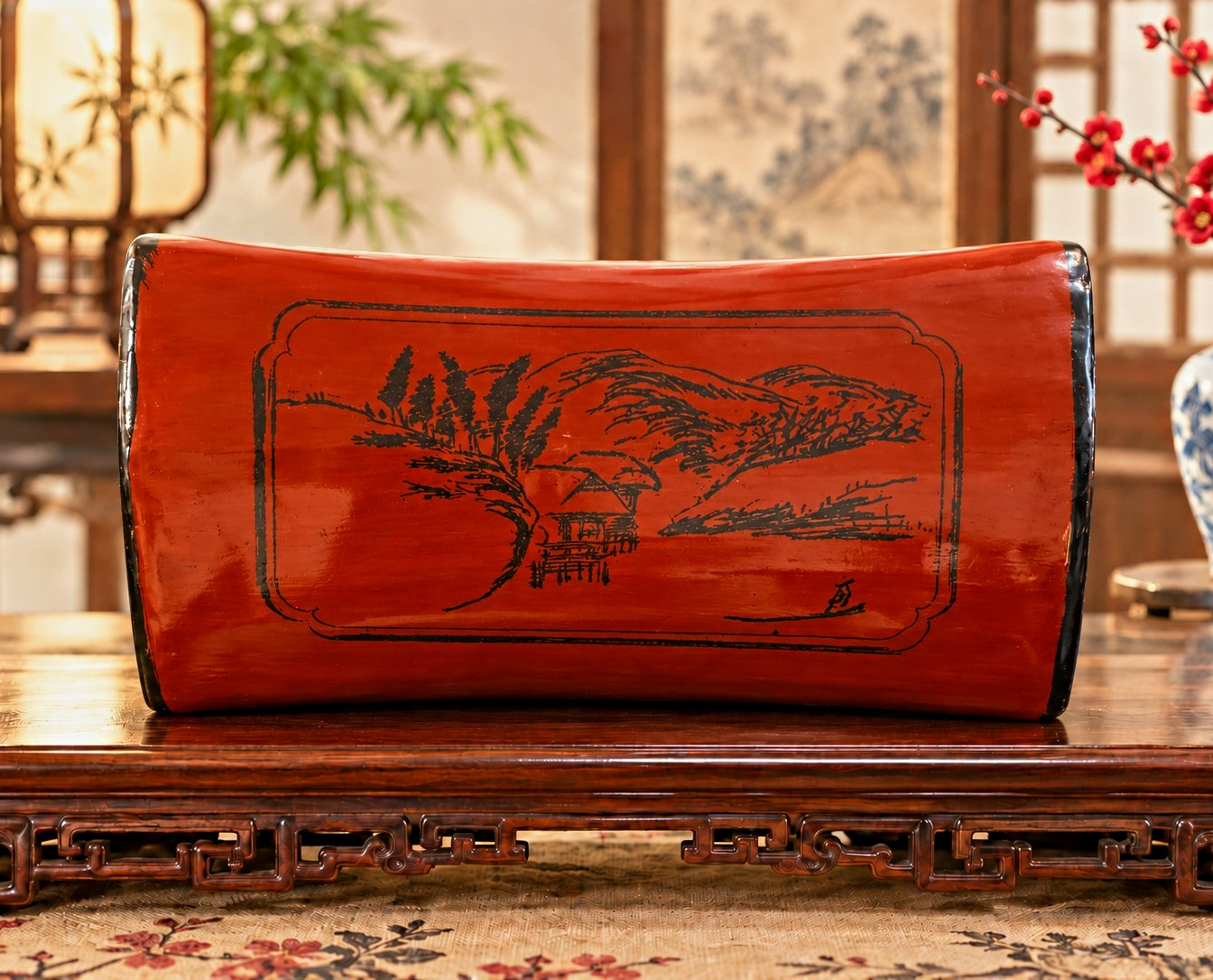 Antique Chinese Red Lacquered Wood Opium Pillow With Landscape Painting