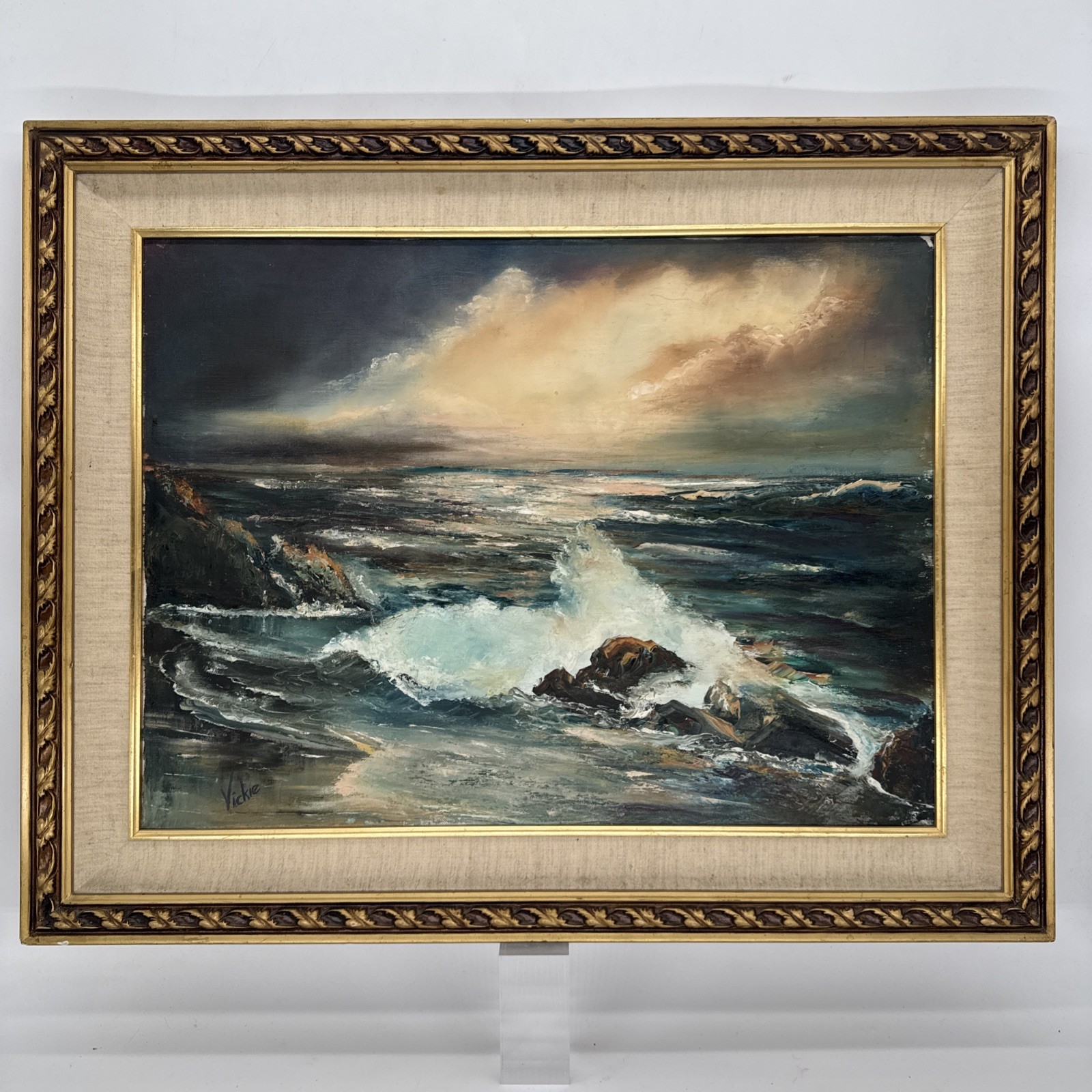 Vintage 24x30” Hand Oil Painting Ocean Coast 1982 Artist Signed Genuine Original