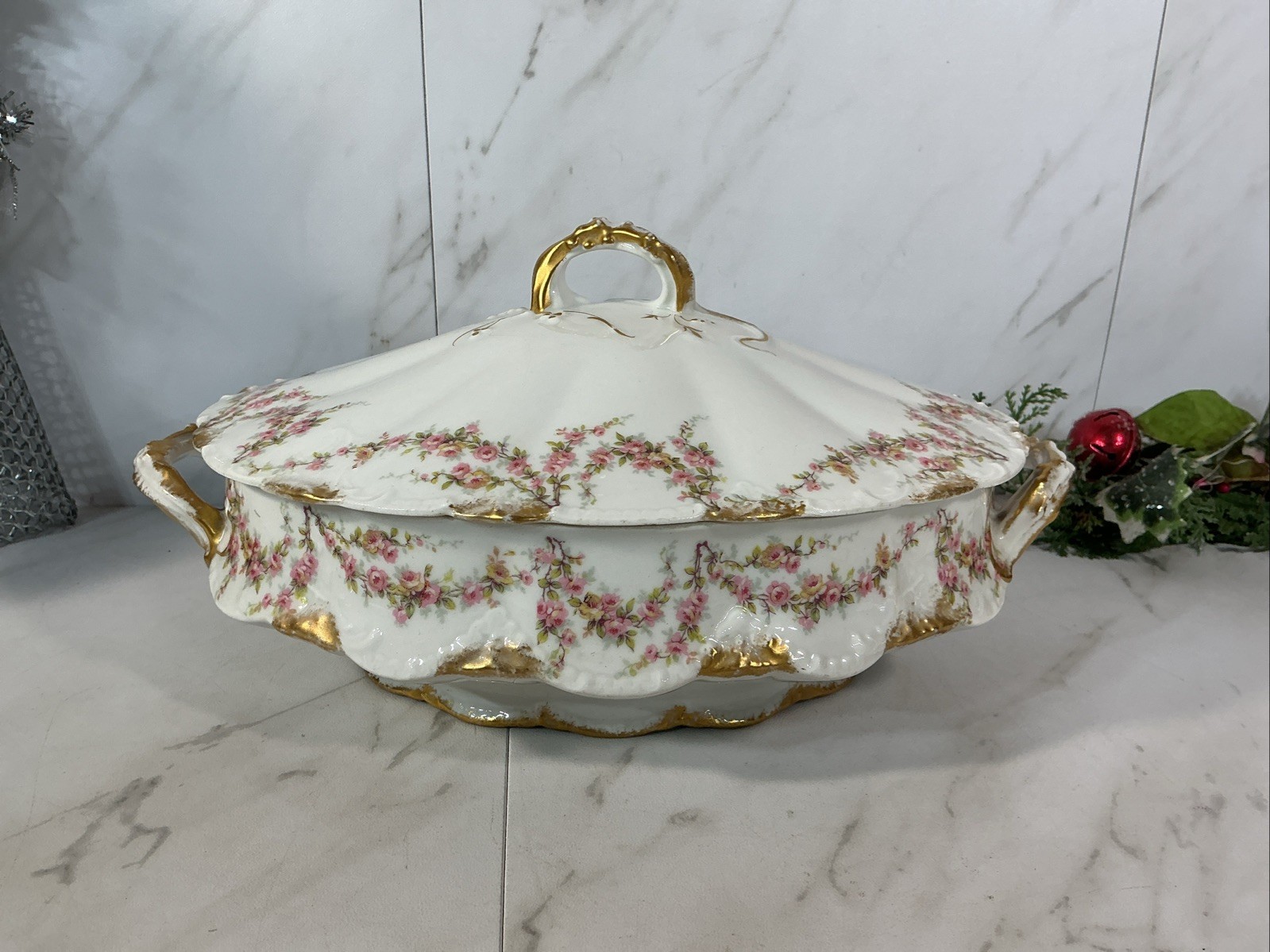 Antique Limoges France Pink Rose Floral Garland Serving Bowl With Lid Veg/Tureen