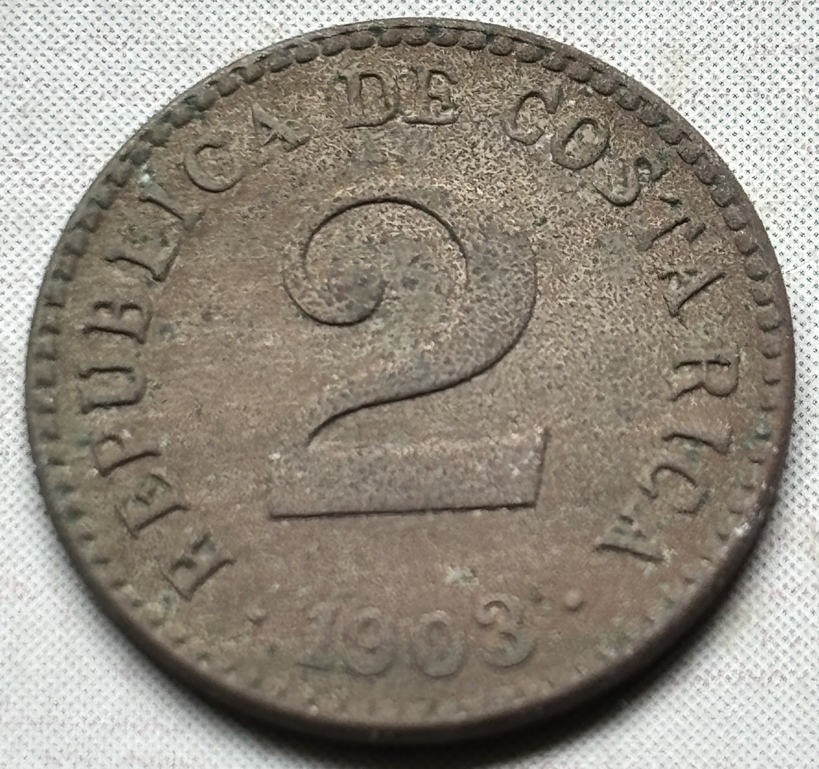 1903 Costa Rica 2 Centimos - XF Details - Rare Low Mintage (630k) Philadelphia