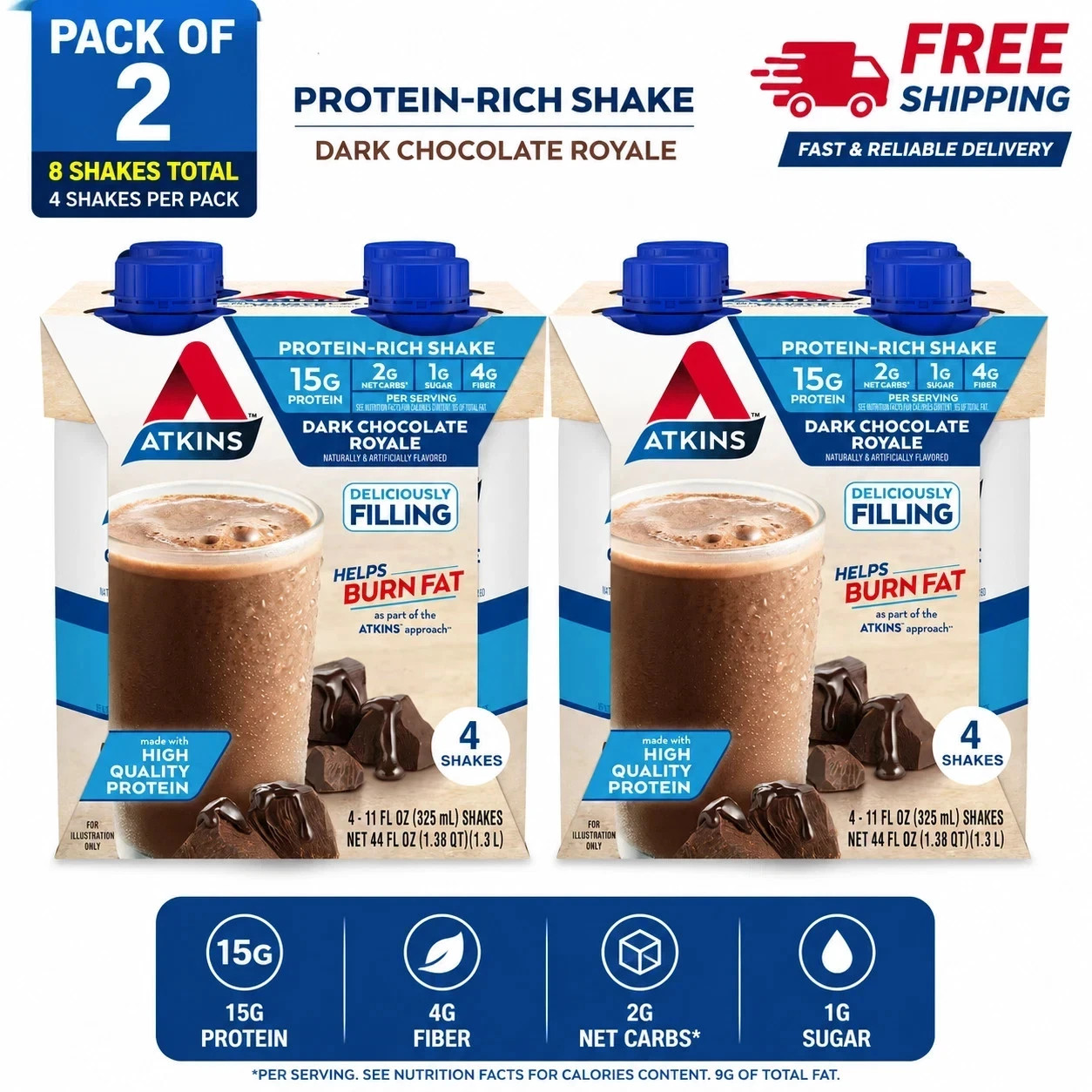 Atkins Dark Chocolate Royale Protein Shake, High Protein, Low Carb 8 Ct Atkins Dark Chocolate Royale Protein Shake, High Protein, Low Carb 8 Ct