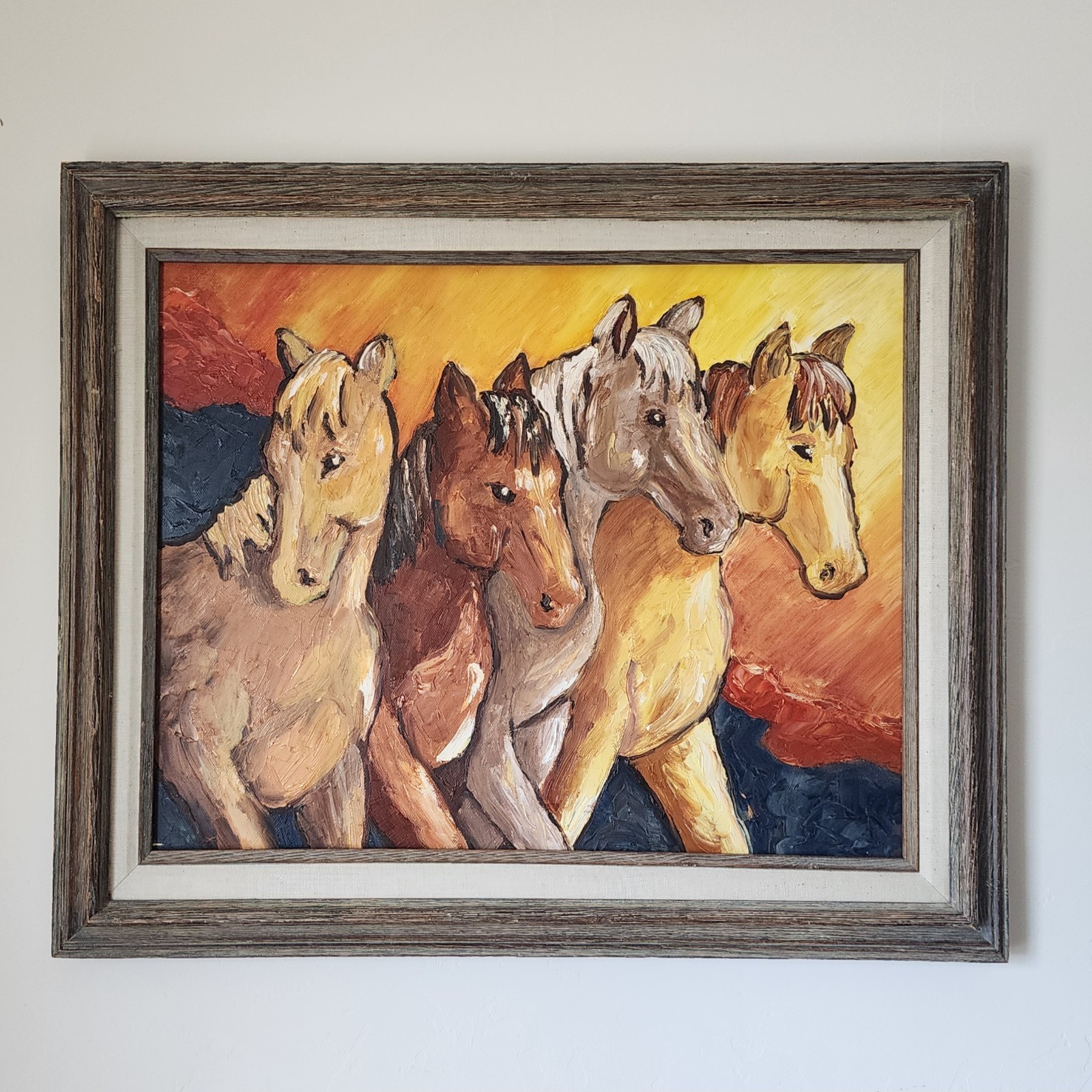 Wild Horses Running Sunset Original Oil Painting Expressionist Equine Framed Art
