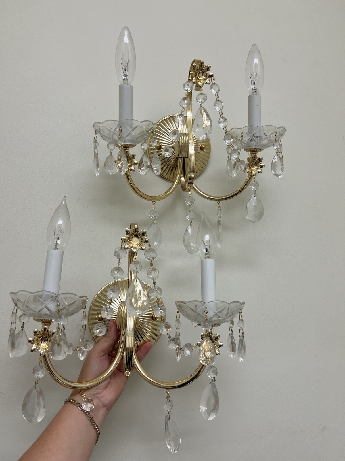 Vintage Crystal Wall Sconces Pair 2 Light Gold Hardwired UL Hollywood Regency