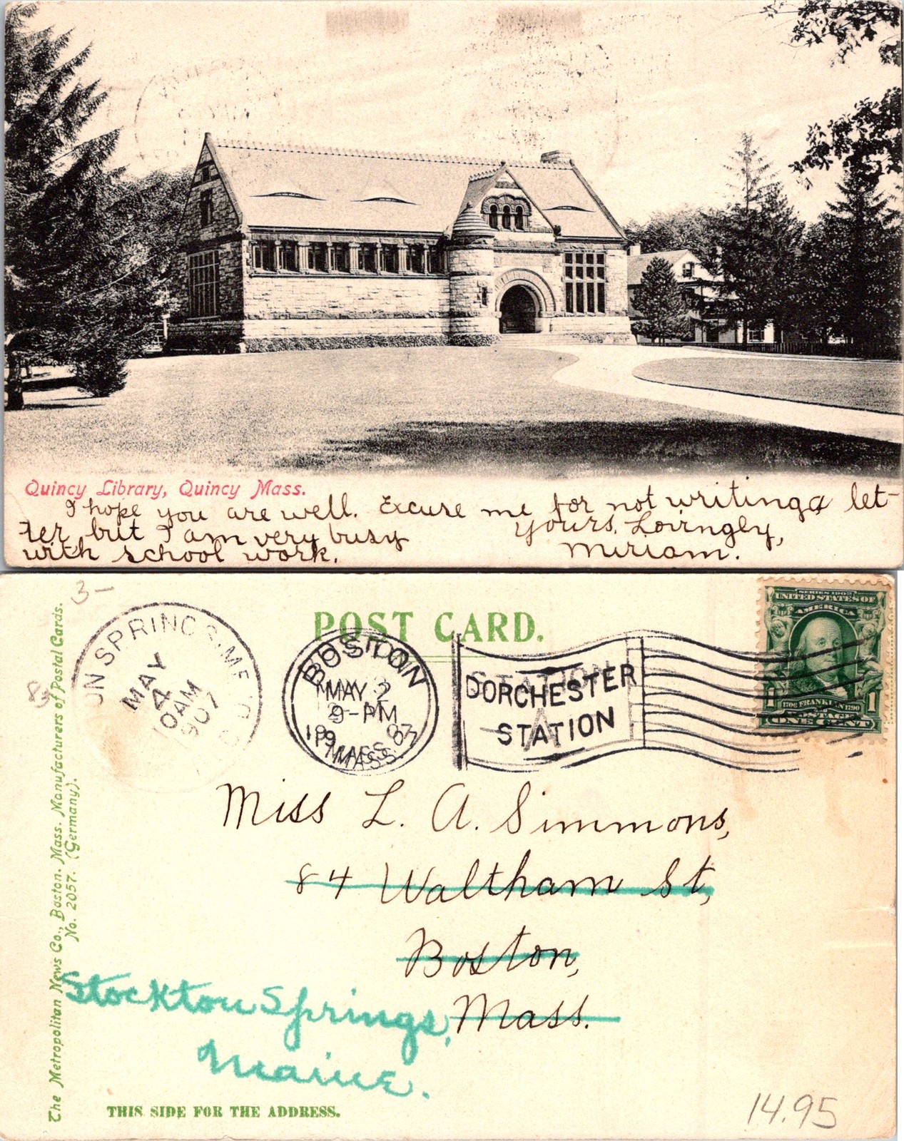 Quincy MA Quincy Library, Massachusetts Building Postcard 72920