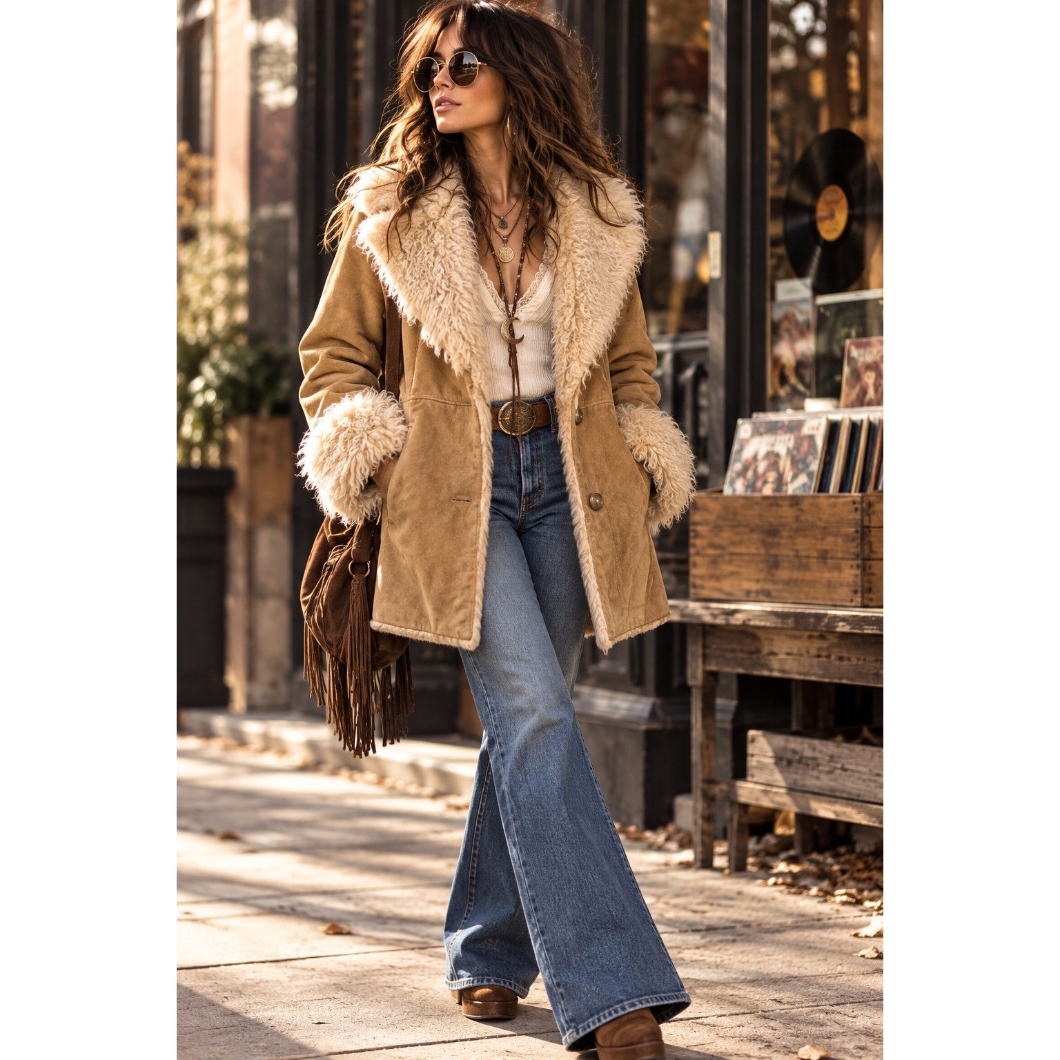 Vintage 1990s Wilsons Leather Suede Penny Lane Faux Shearling Coat M Y2K