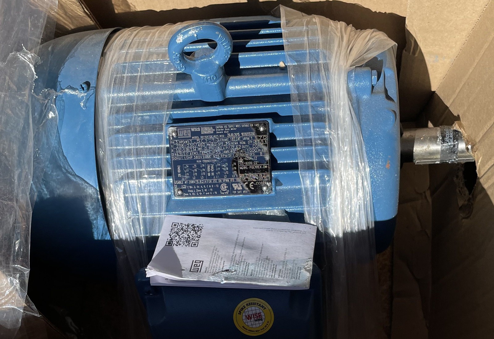 WEG 0WEG Model 00152ET3E1-W22 1.5 hp 1170rpm 230/460V AC, 182/4T Frame Cont Duty