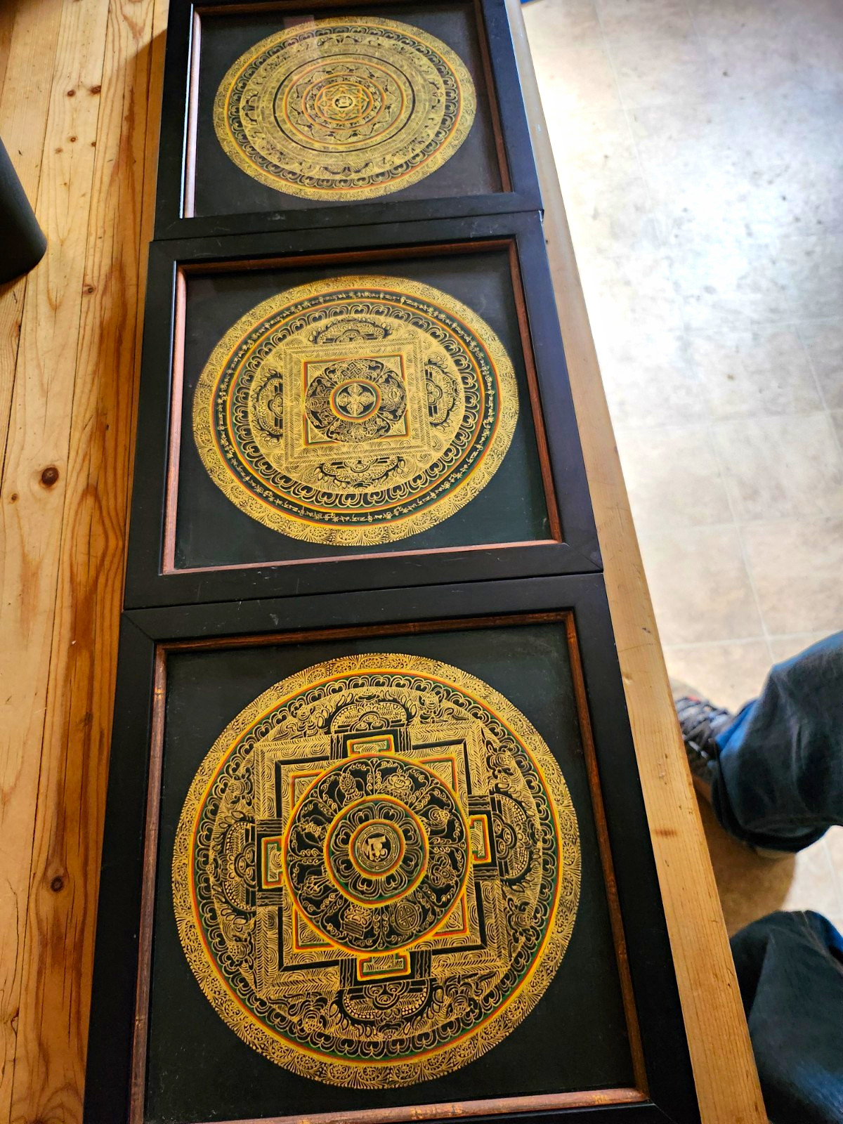 Set of 3 Framed Buddhist Mandala Art Originals w/ Tibetan Script, Museum Glass Set of 3 Framed Buddhist Mandala Art Originals w/ Tibetan Script, Museum Glass
