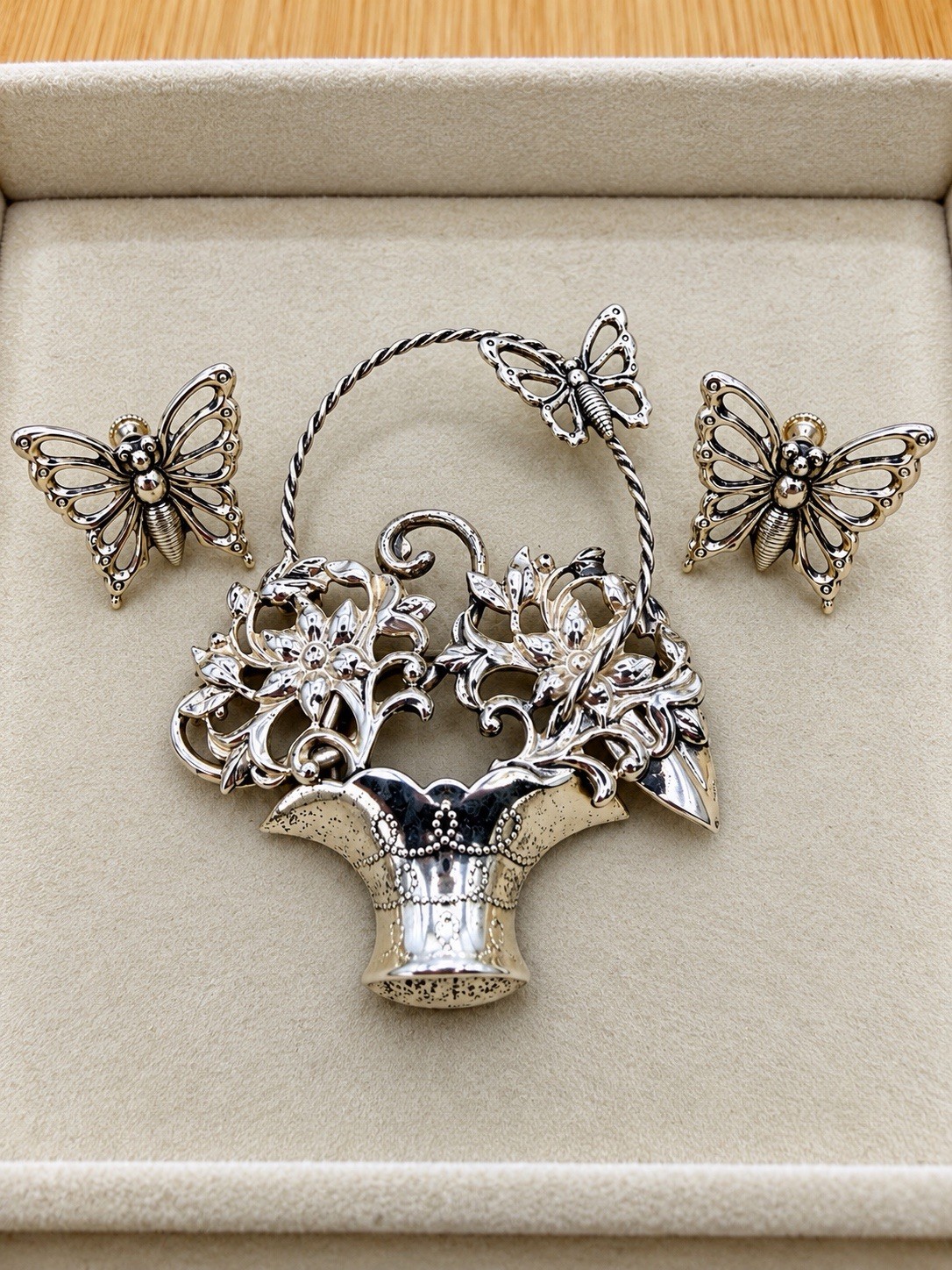 Vintage Signed Lang Sterling Silver 925 Flower Basket Brooch And Earring Set 13g