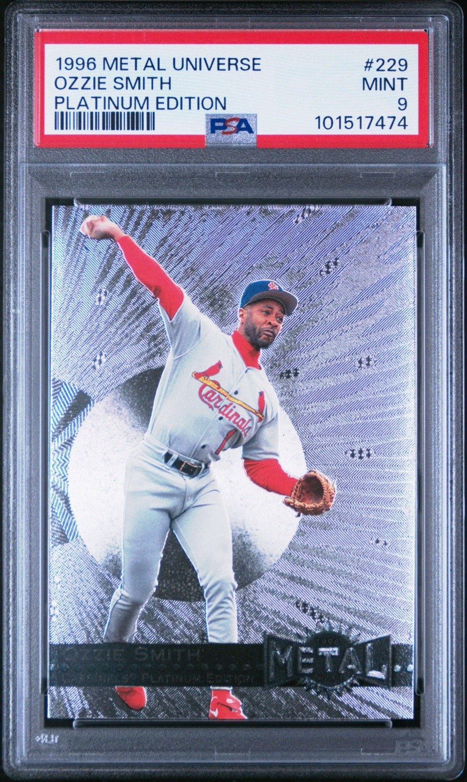 1996 Metal Universe PLATINUM Ozzie Smith PSA 9 Mint Pop 5 Only 1 Higher 1996 Metal Universe PLATINUM Ozzie Smith PSA 9 Mint Pop 5 Only 1 Higher