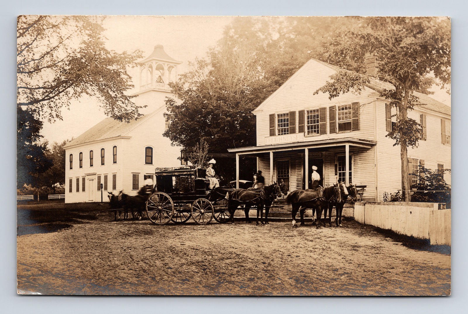 RPPC 4 Horse Carriage Fred H Keyser Post Office Church North Sutton NH Postcard