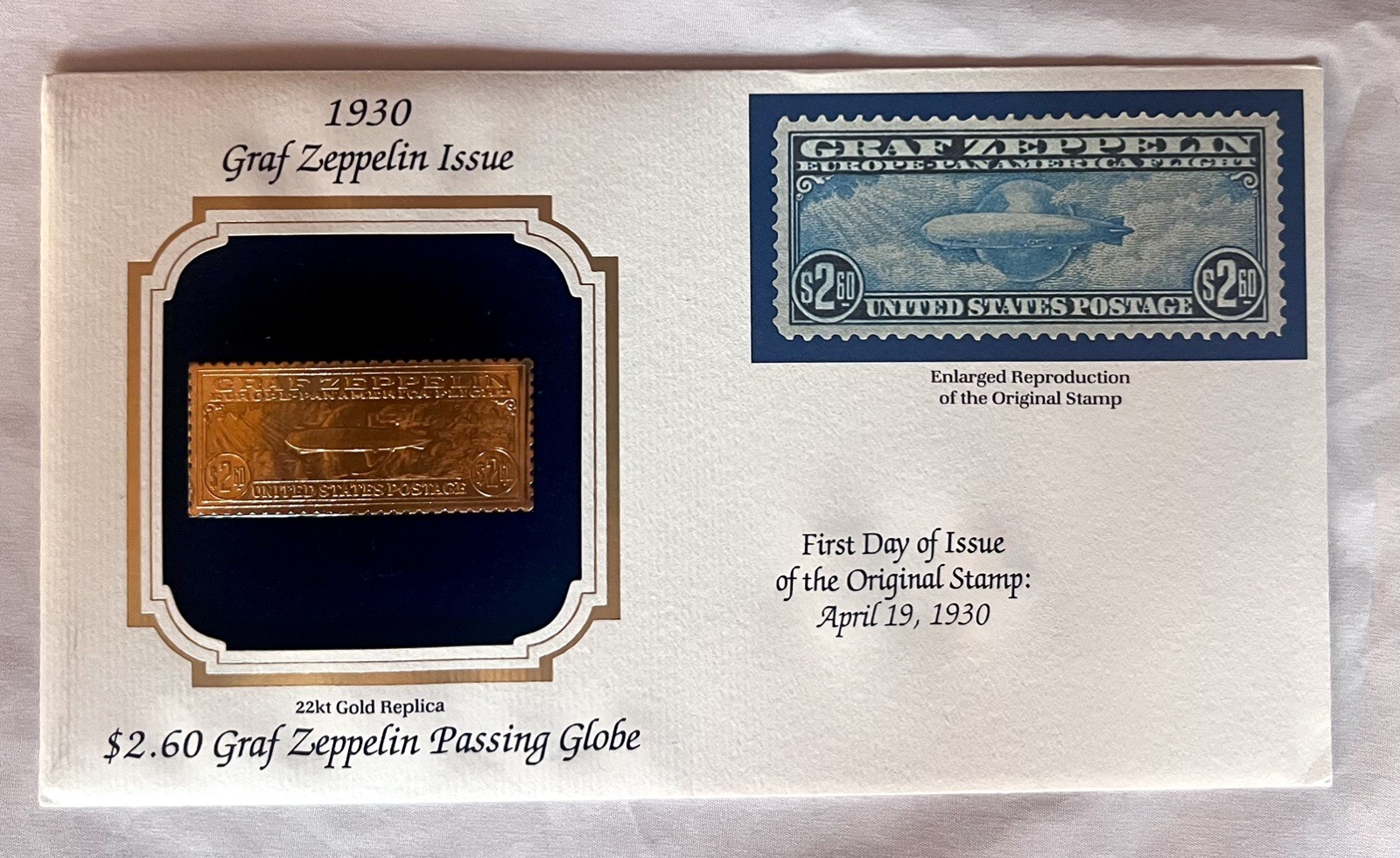 Rare 1930 Graf Zeppelin Issue 22K Gold Replica $2.60 Stamp & First Day Cover 