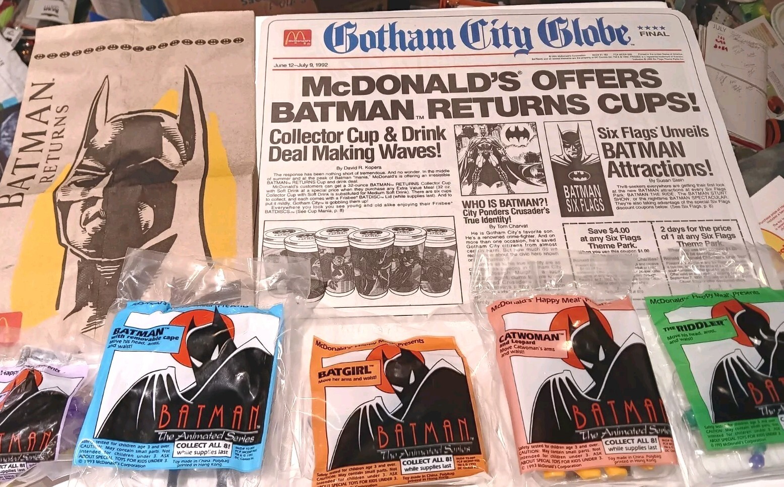 Batman/McDonald’s 1993 COMPLETE SET,  5 HM Toys, Bag, Placemat - BRAND NEW