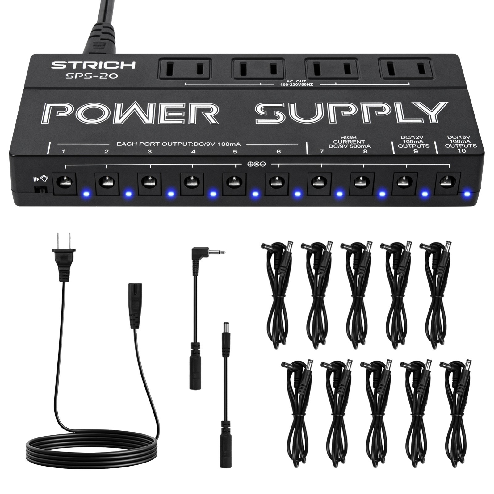 STRICH Guitar Pedal Power Supply 10 Isolated Outputs 9 12 18V For Effect Pedals STRICH Guitar Pedal Power Supply 10 Isolated Outputs 9 12 18V For Effect Pedals