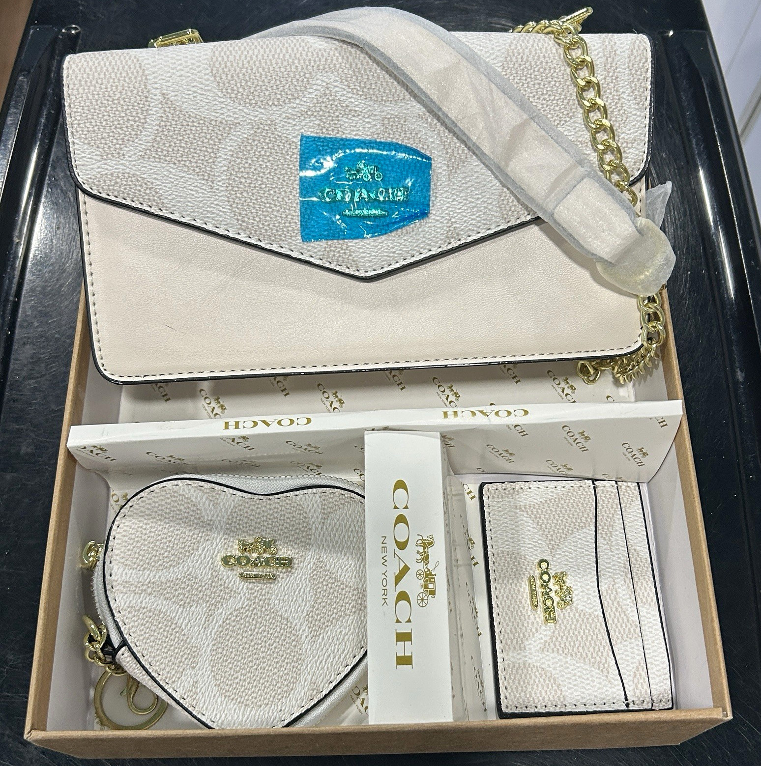 Coach Signature Beige/White Leather 3-Piece Accessory Set Chain Heart