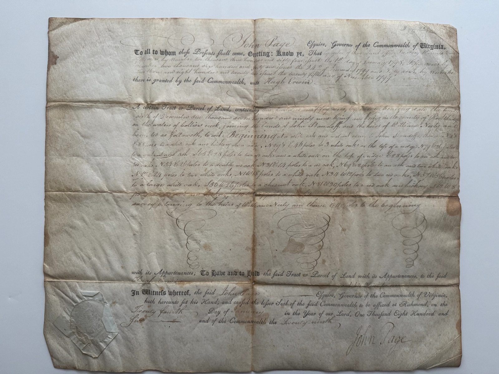 1805 Virginia Land Grant Signed by Governor John Page – Rockbridge County –