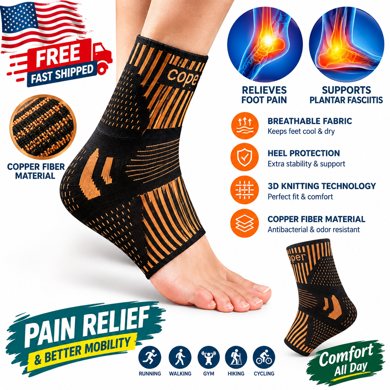 Copper Ankle Brace Silver Support Compression Sleeve Socks Foot Fasciitis Pain