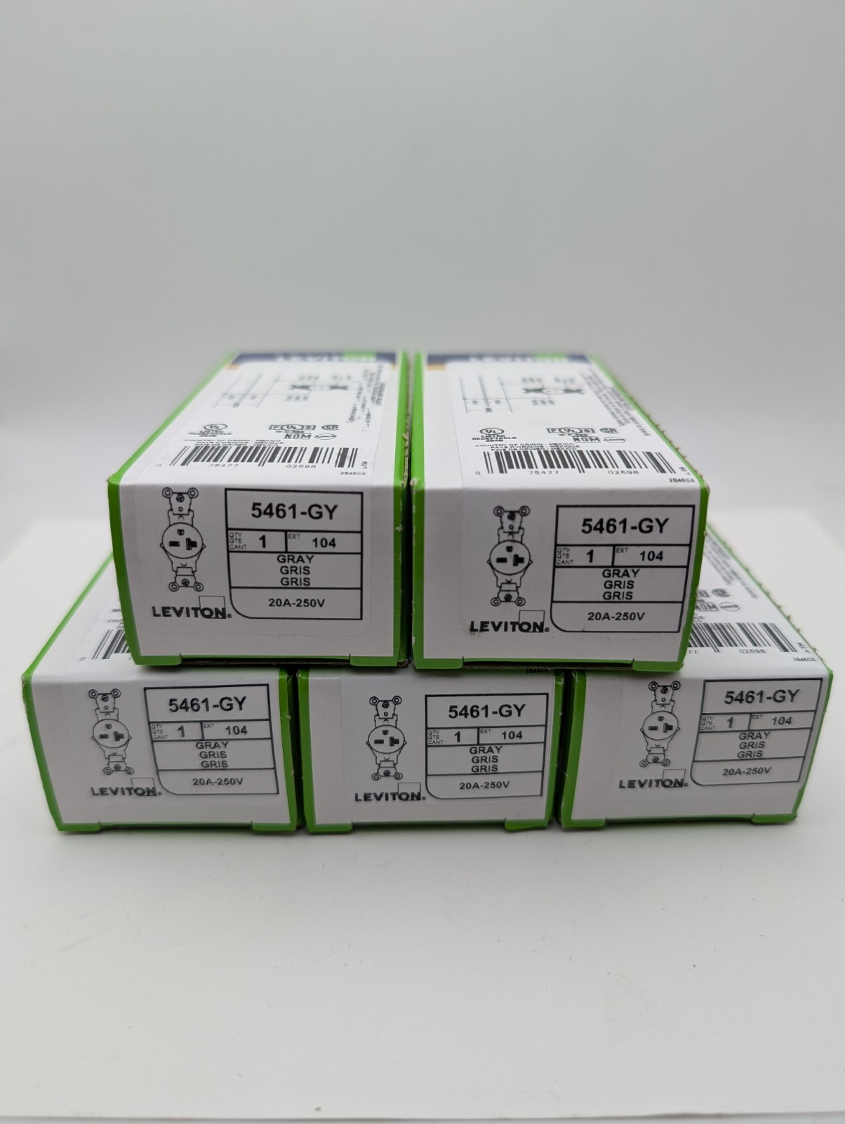 Lot of 5 - LEVITON 5461-GY - INDUSTRIAL GRADE Single Outlet 20A 250V Lot of 5 - LEVITON 5461-GY - INDUSTRIAL GRADE Single Outlet 20A 250V