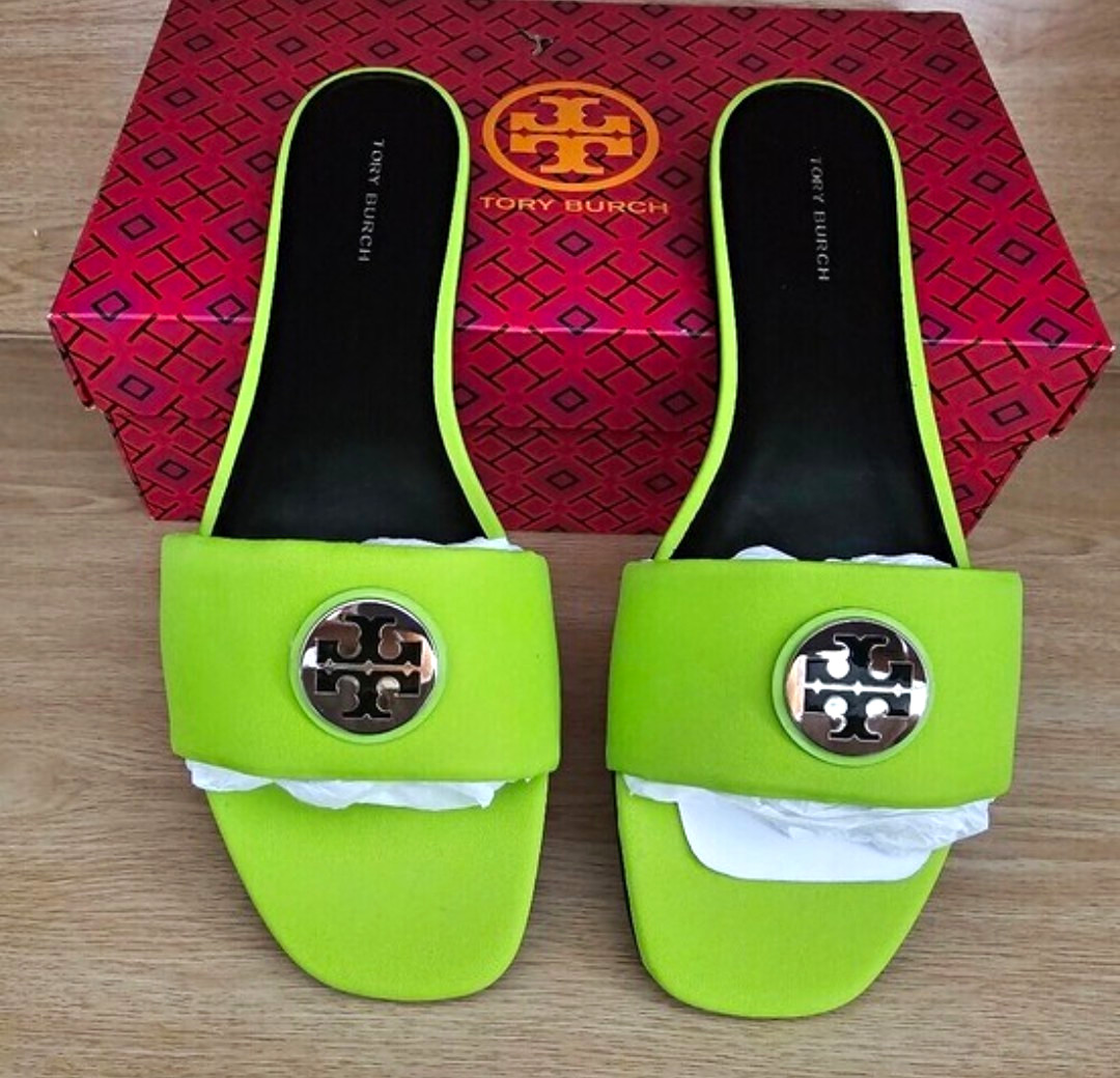 Tory Burch Women’s Green Logo Slide Sandals Slip-On Flat Wool Blend US 8.5 Tory Burch Women’s Green Logo Slide Sandals Slip-On Flat Wool Blend US 8.5
