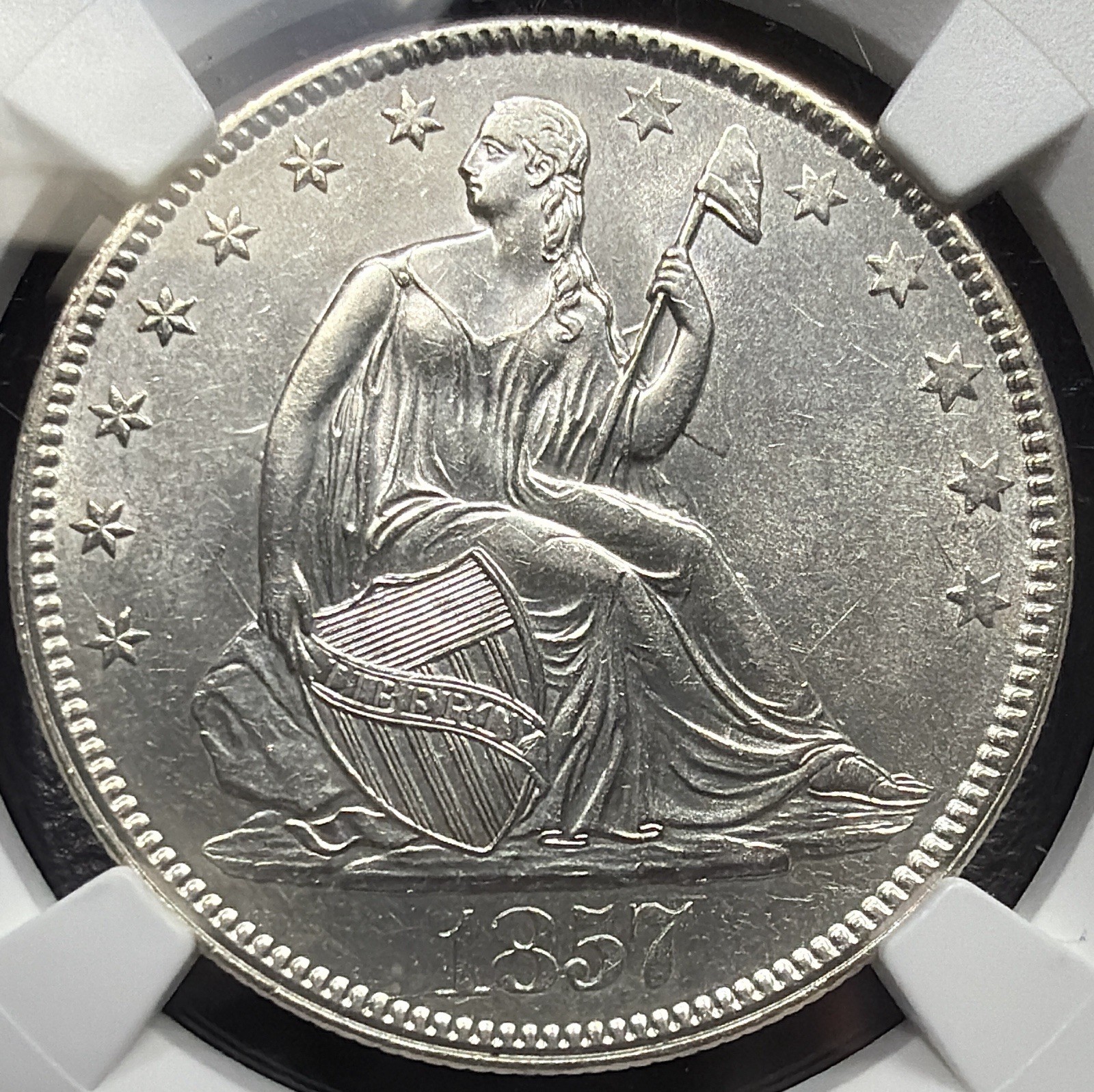 1857 P Seated Liberty Silver Half Dollar 50c No Motto NGC UNC BU MS Blast White