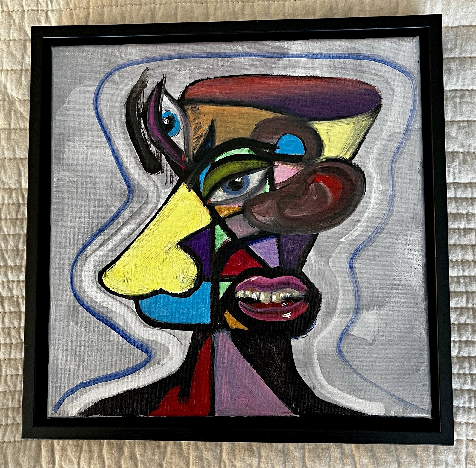 Signed Framed Original Acrylic Canvas Abstract Cubist Surrealist Portrait 11x11
