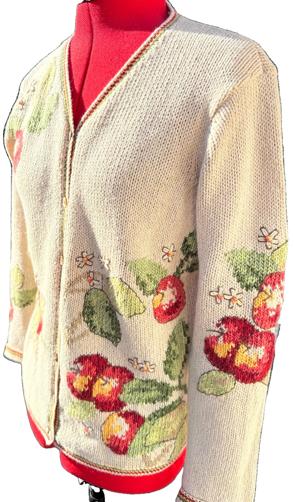 VTG  Talbots Knit Apple Fruit Fall Cardigan Sweater S Ramie Cotton Cottagecore