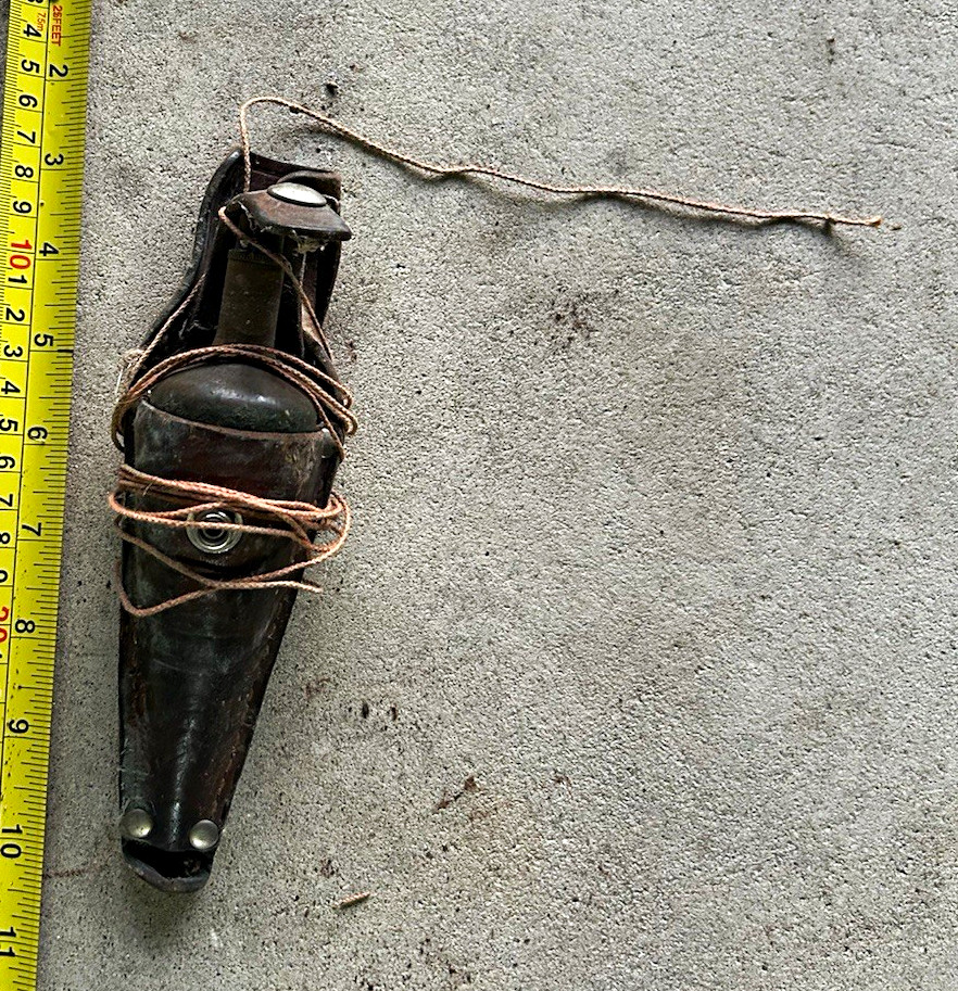 Vintage Original Metal Plumb Bob with String in Leather Holder Vintage Original Metal Plumb Bob with String in Leather Holder