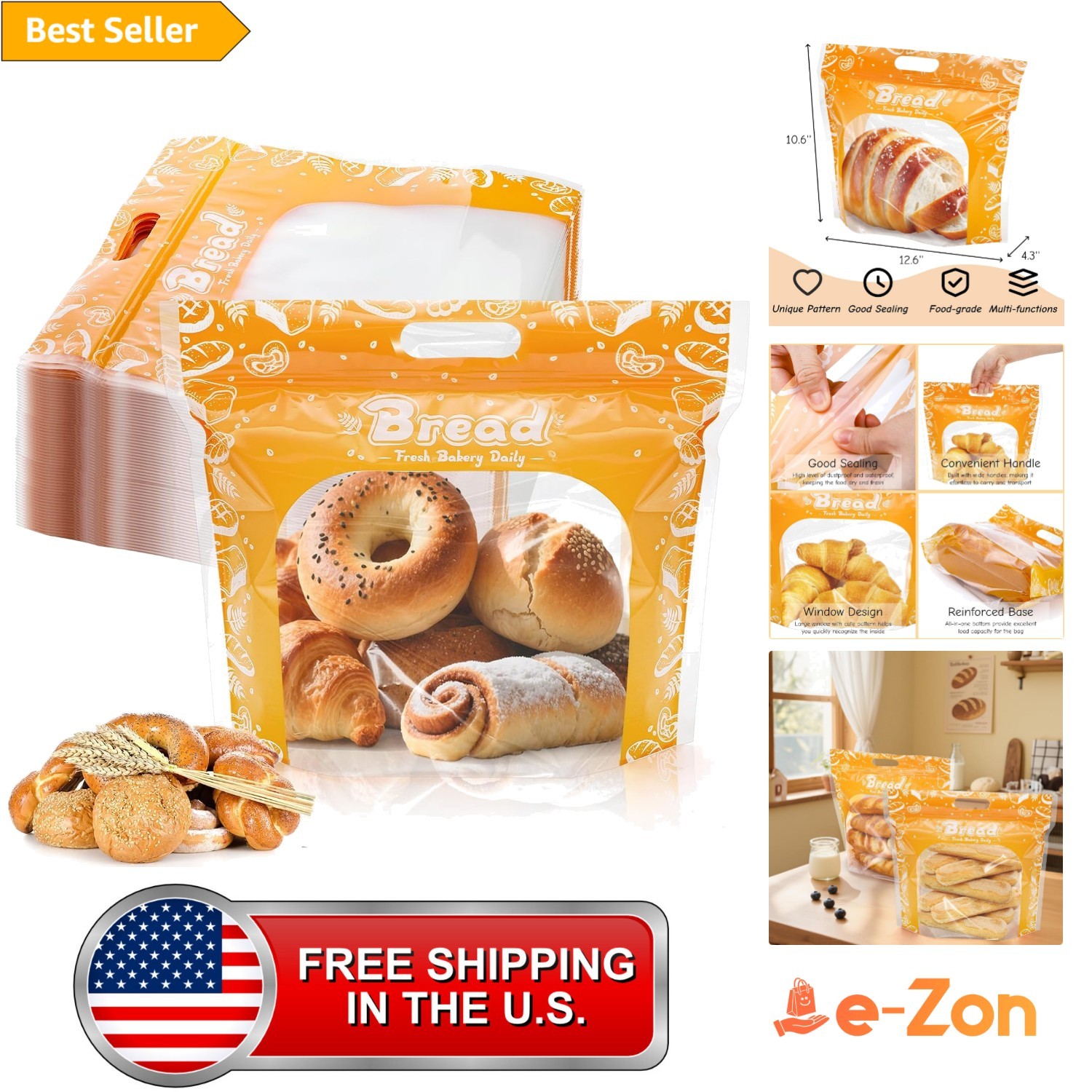 Plastic Bread Bags Zipper Large Clear Reusable Food Storage Pack of 100
