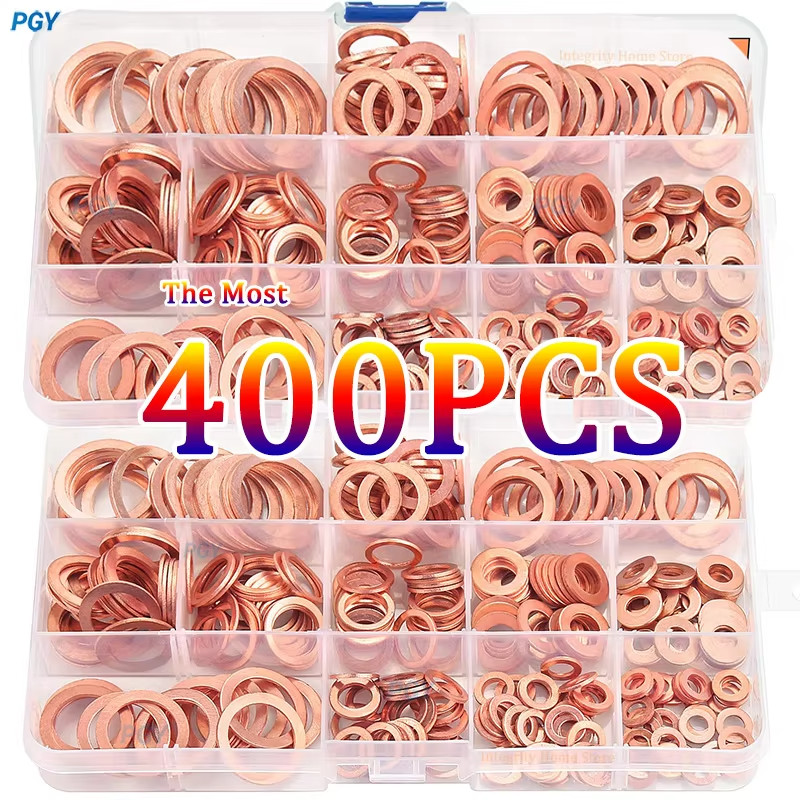 400PCS Copper Washer Gasket Nut and Bolt Set Sealing Solid Gasket Washer Flat Ri