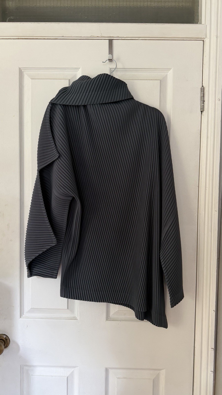 Issey Miyake Homme Plissé pleated asymmetrical top in stone grey