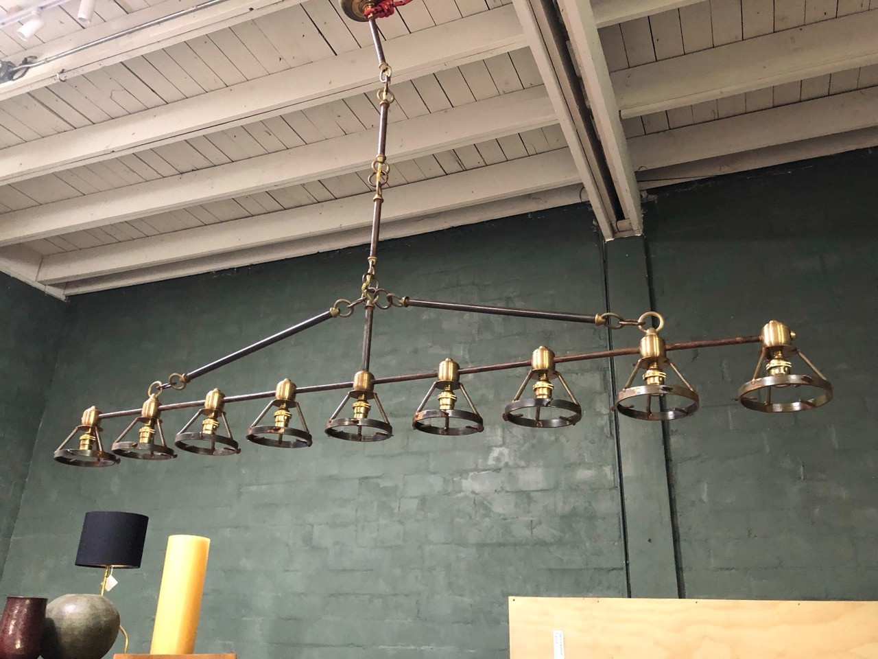 Linear Industrial 9-light Chandelier with Repurposed Telegraph Insulators Linear Industrial 9-light Chandelier with Repurposed Telegraph Insulators