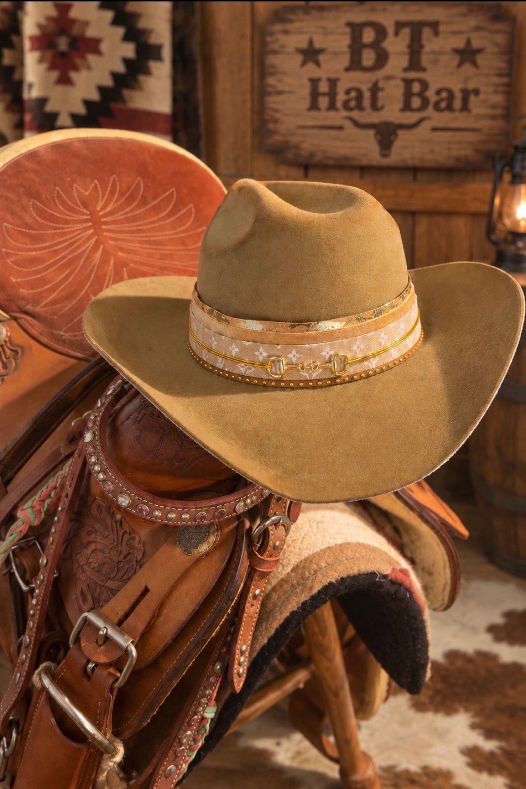 Western Cowgirl Hat w/ Monogram Print Brim & Matching Hatband. LV Fabric. Western Cowgirl Hat w/ Monogram Print Brim & Matching Hatband. LV Fabric.