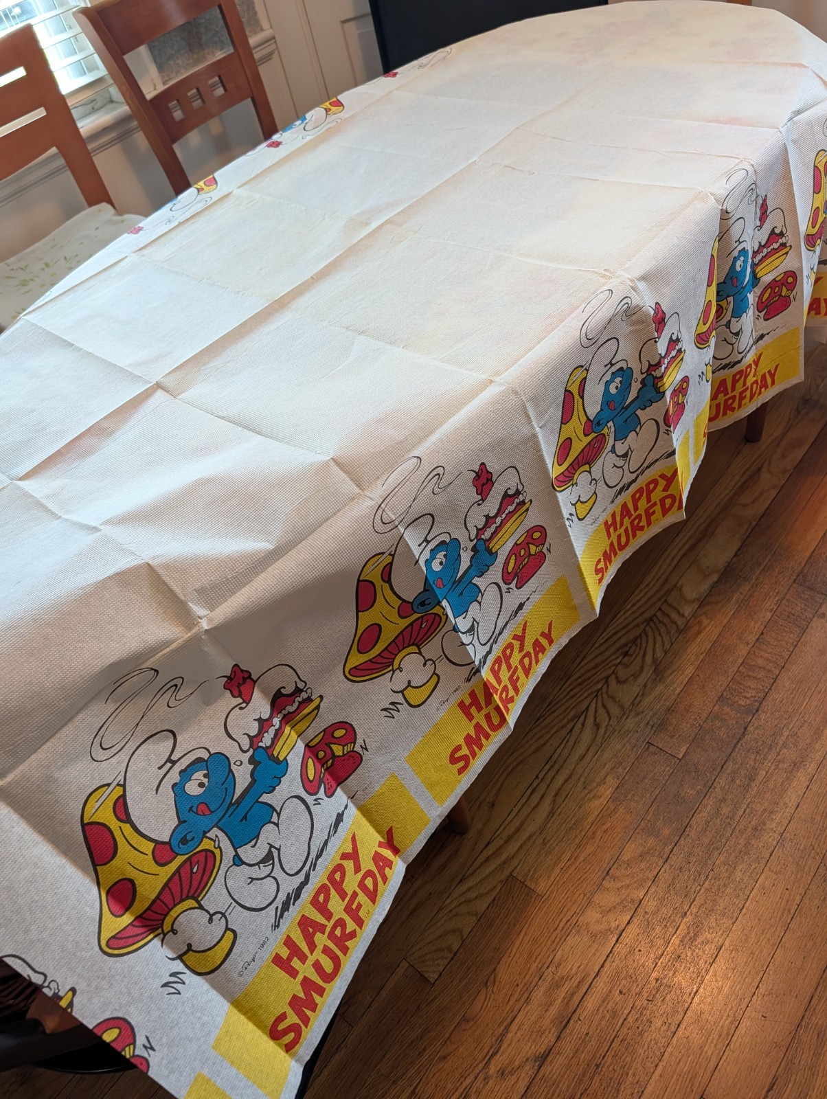 Vintage Smurfs Birthday Paper Table Cover Happy Smurfday 1982 54 x 88 in Vintage Smurfs Birthday Paper Table Cover Happy Smurfday 1982 54 x 88 in