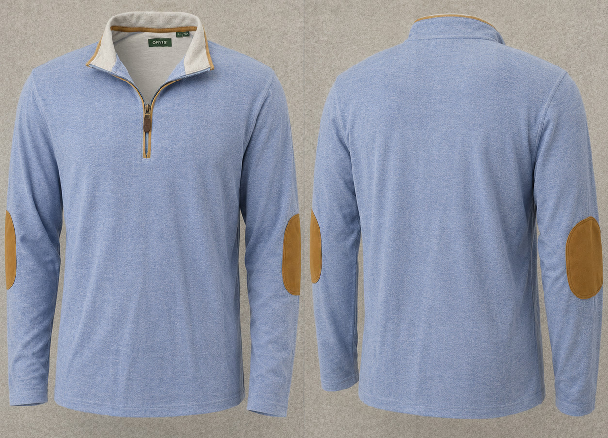Orvis Mens Large 1/4 Zip Pullover Sweater Blue Elbow Patches Knit Mock Neck
