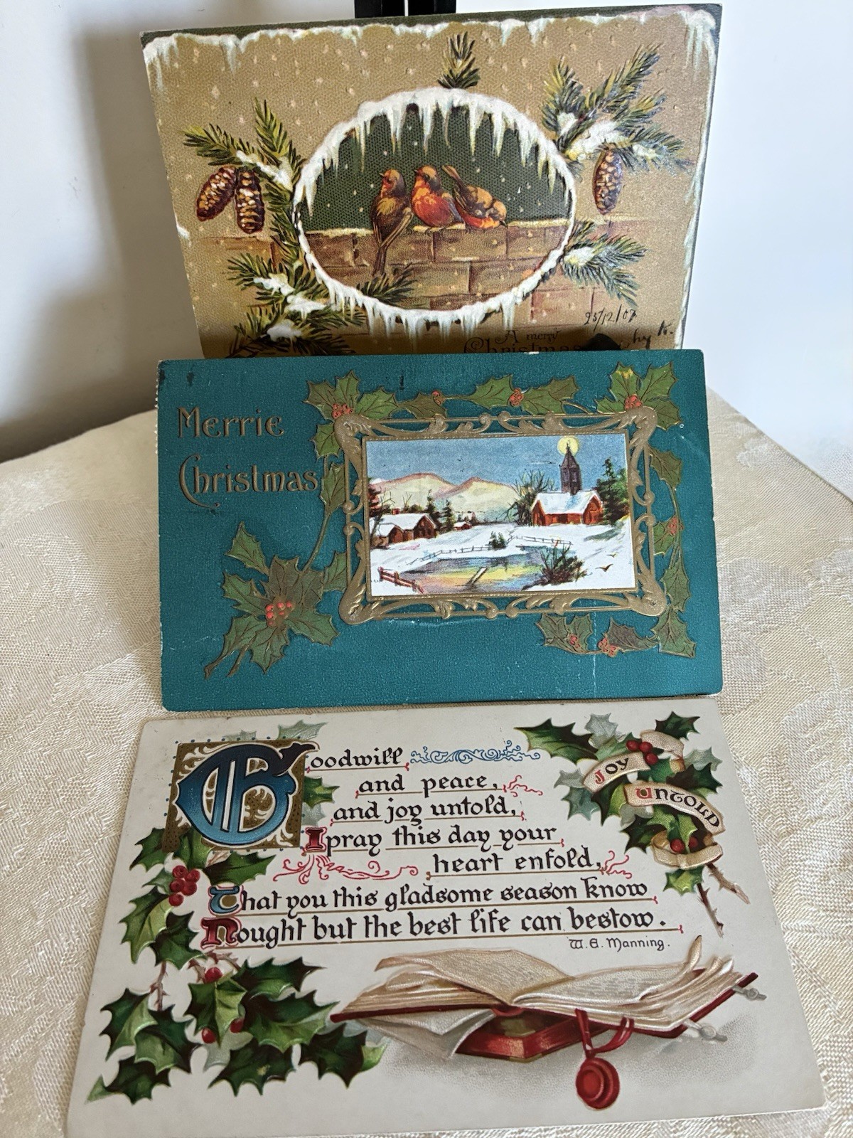 ⁠Lot of 3 Antique Christmas Postcards 1907 - 1912 Embossed Raphael Tuck, Birds 