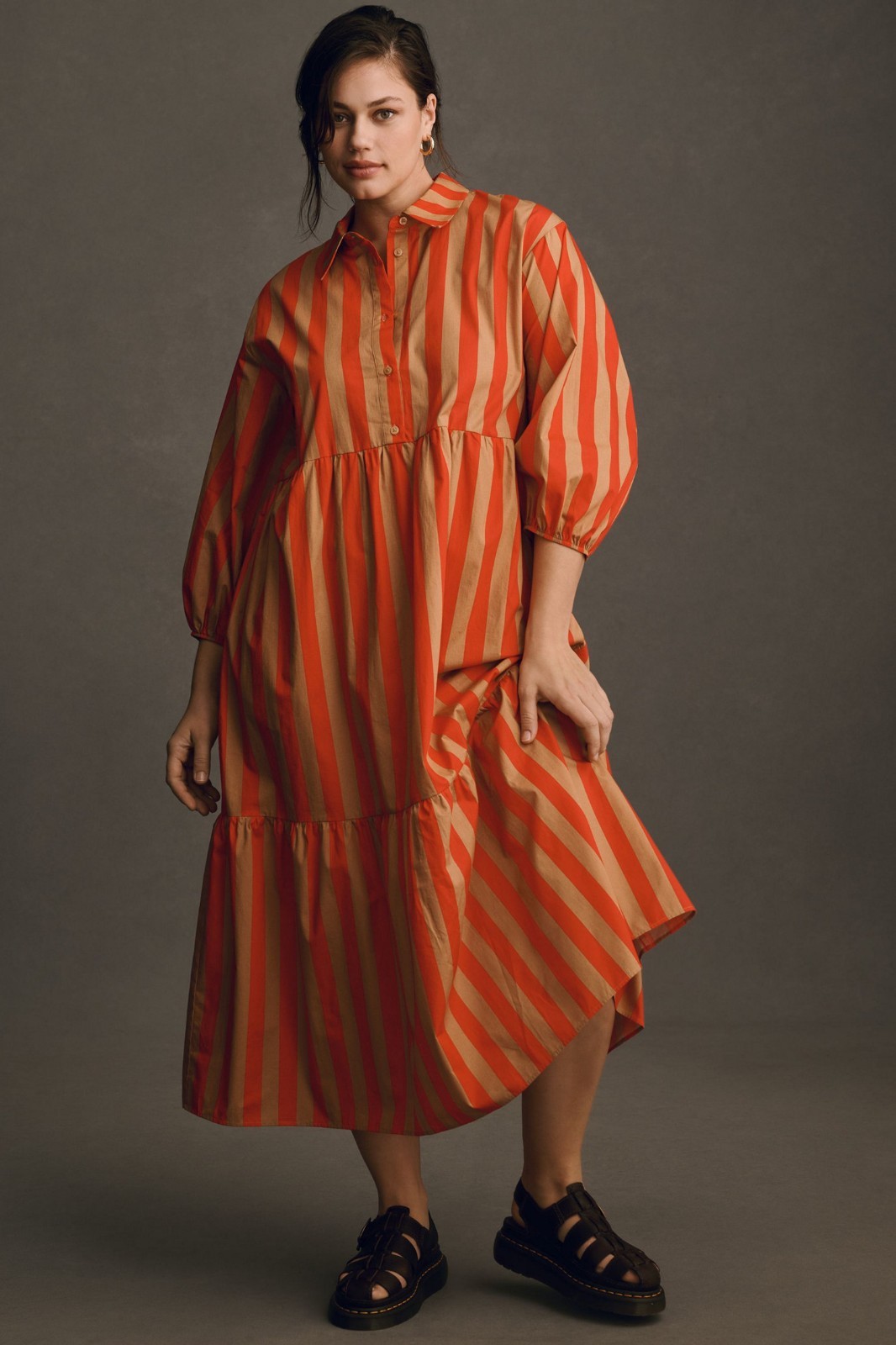 NWT Anthropologie Maeve Bettina in Red Honey Stripe Cotton Shirt Dress M Petite