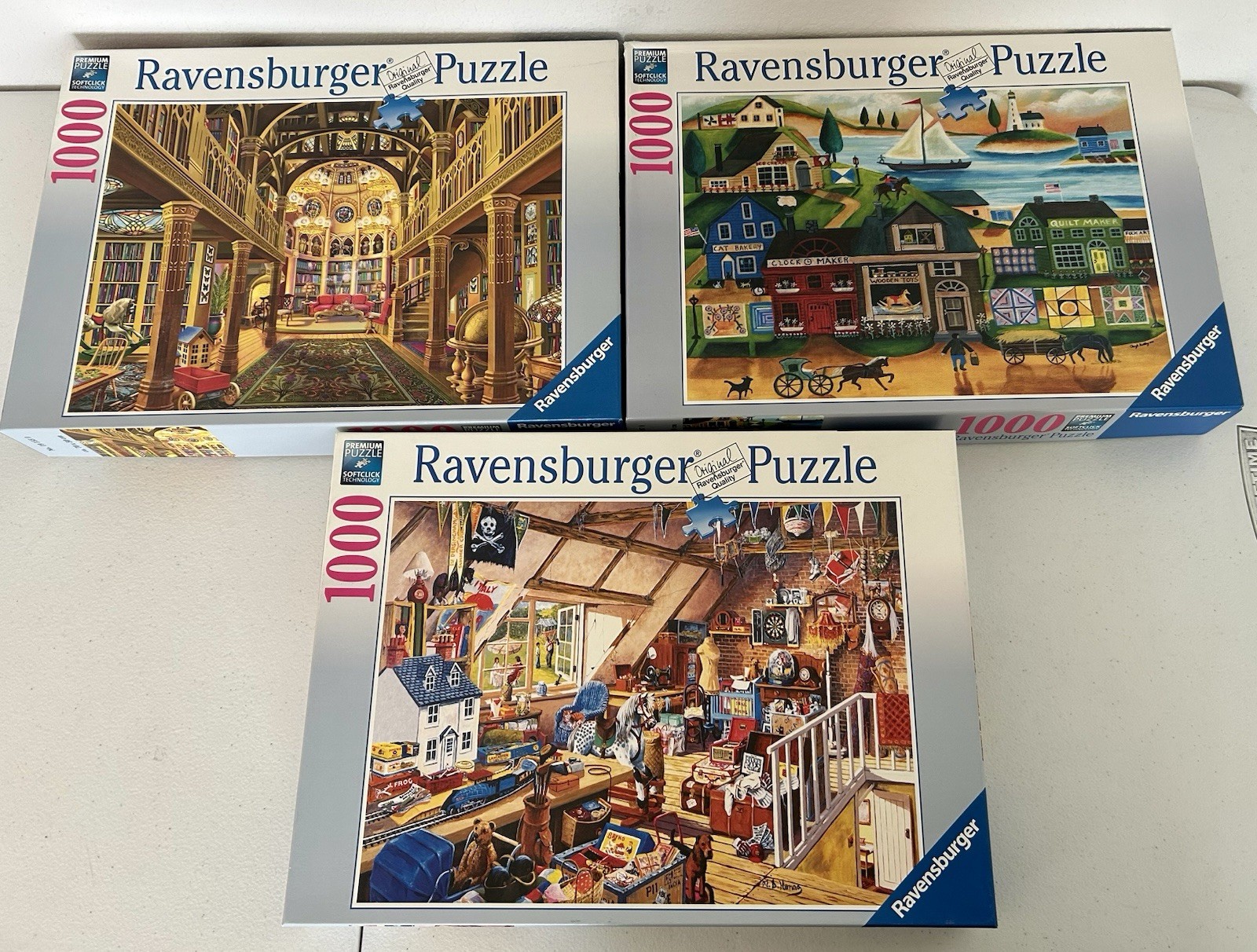 Lot of 3 Ravensburger Jigsaw Puzzles 1000 PCs Grandma’s Attic World Of Words