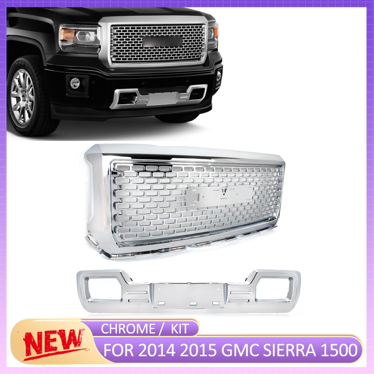 For 2014 2015 GMC Sierra 1500 Chrome Front Grille & Bumper Panel Skid Plate Kits