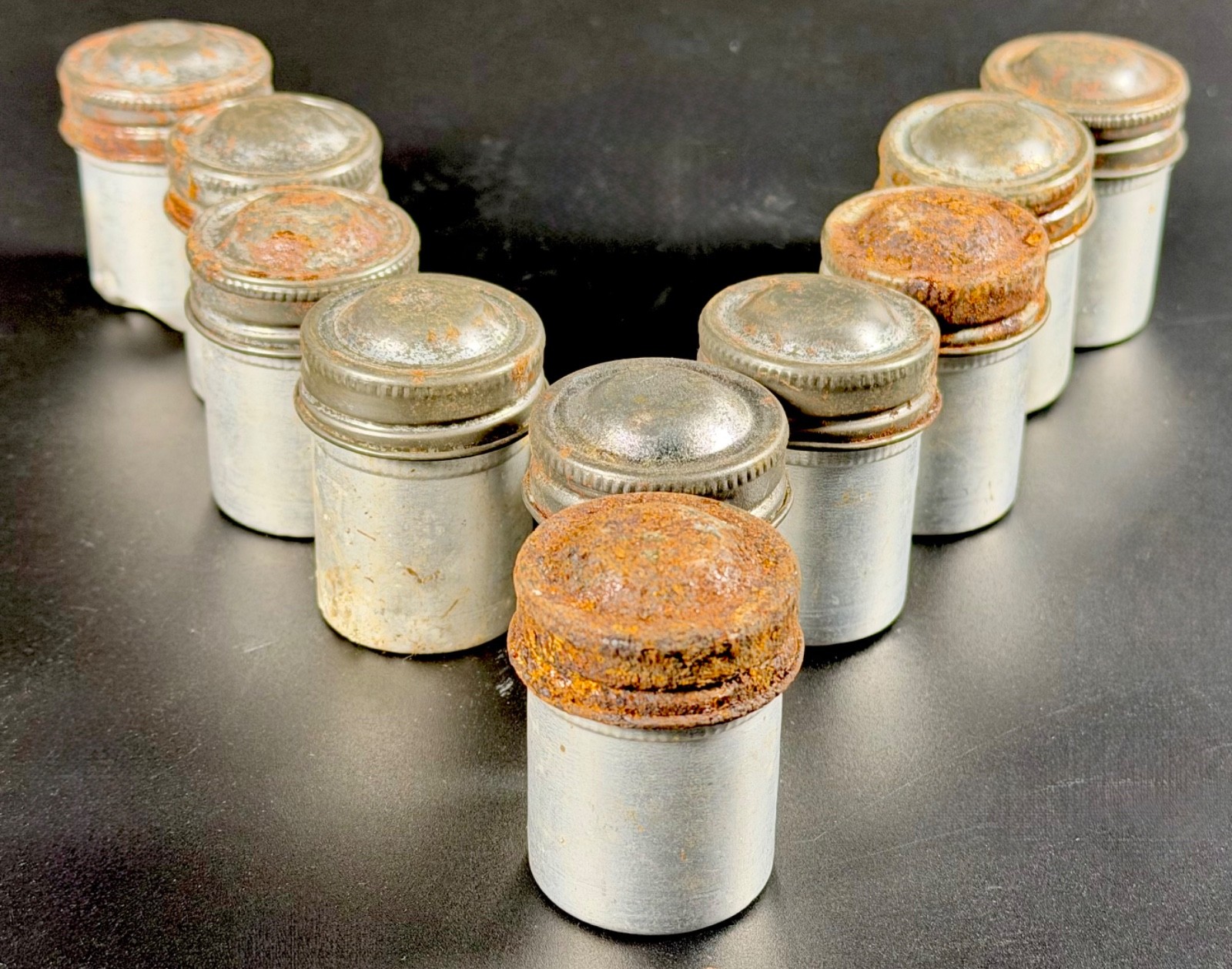 Set of 10 (ten) Vintage 35mm aluminum film canisters-Rusted Lids but usable