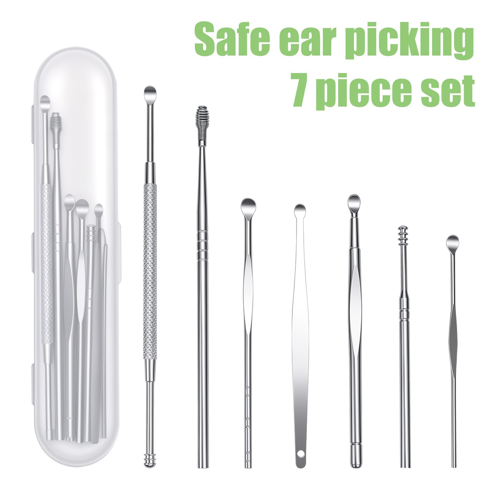 Ergonomic Stainless Steel Ear Cleaning Set, 7Pc Non-Slip Ear Wax Tools