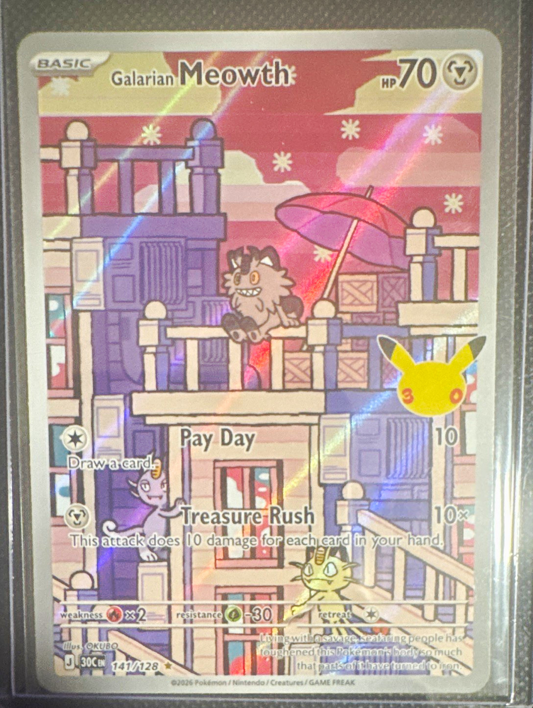 Galarian Meowth 141/128 Illustration Rare 30th Anniversary Celebration 2026 Galarian Meowth 141/128 Illustration Rare 30th Anniversary Celebration 2026