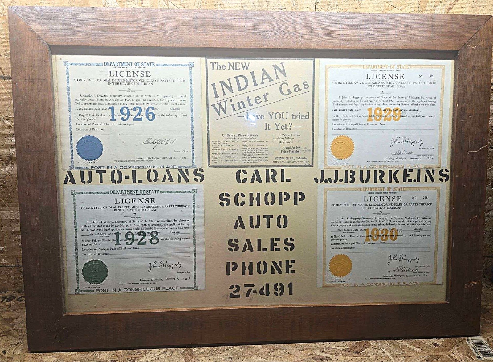 Vtg 1920s Carl Schopp Auto Sales Sign Lansing MI Indian Gas Dealer Licenses 1925