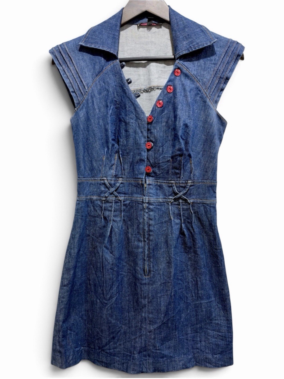 Betsey Johnson Vintage Y2K Glitter Denim Mini Dress Size 6 Pink Buttons USA