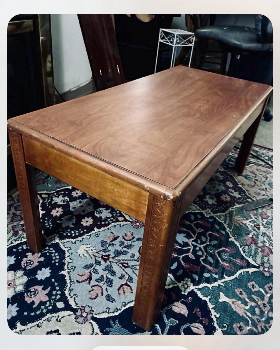 Vintage Danish Mid Century Style Modern Brown Coffee Table w Hand Carved Motif Vintage Danish Mid Century Style Modern Brown Coffee Table w Hand Carved Motif