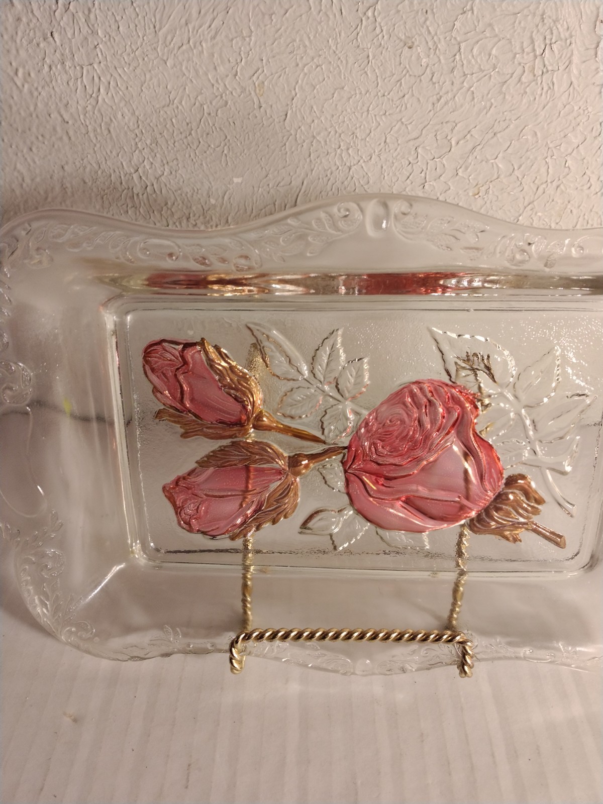 Beautiful Antique Goofus Glass Clear w/ Red Roses Vanity Tray