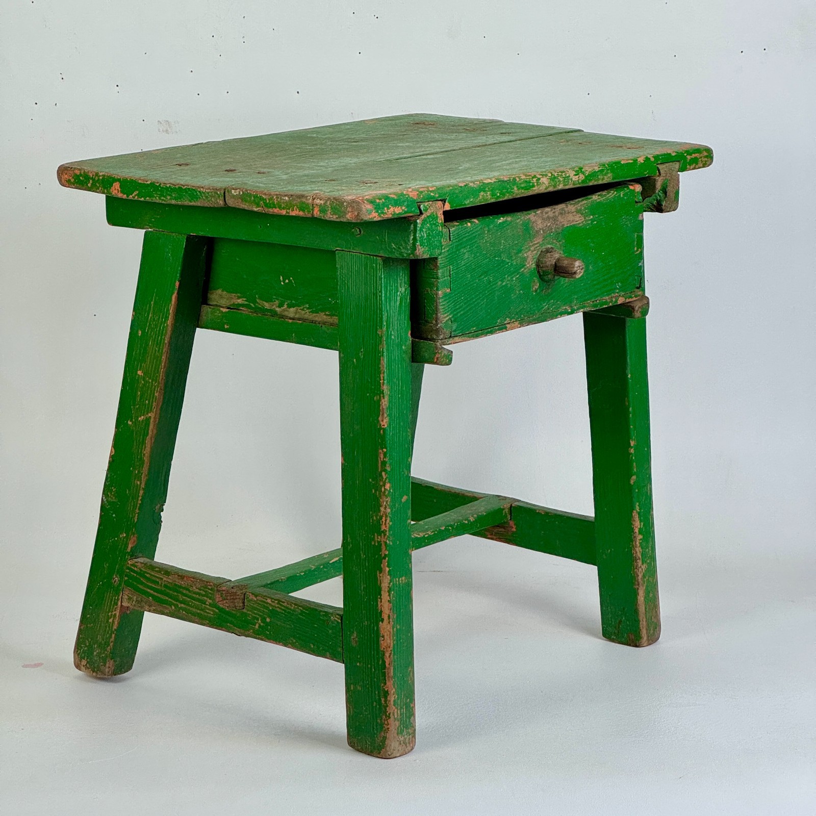 Exquisite 19th Century Primitive One Drawer Side Wooden Table in Green Paint