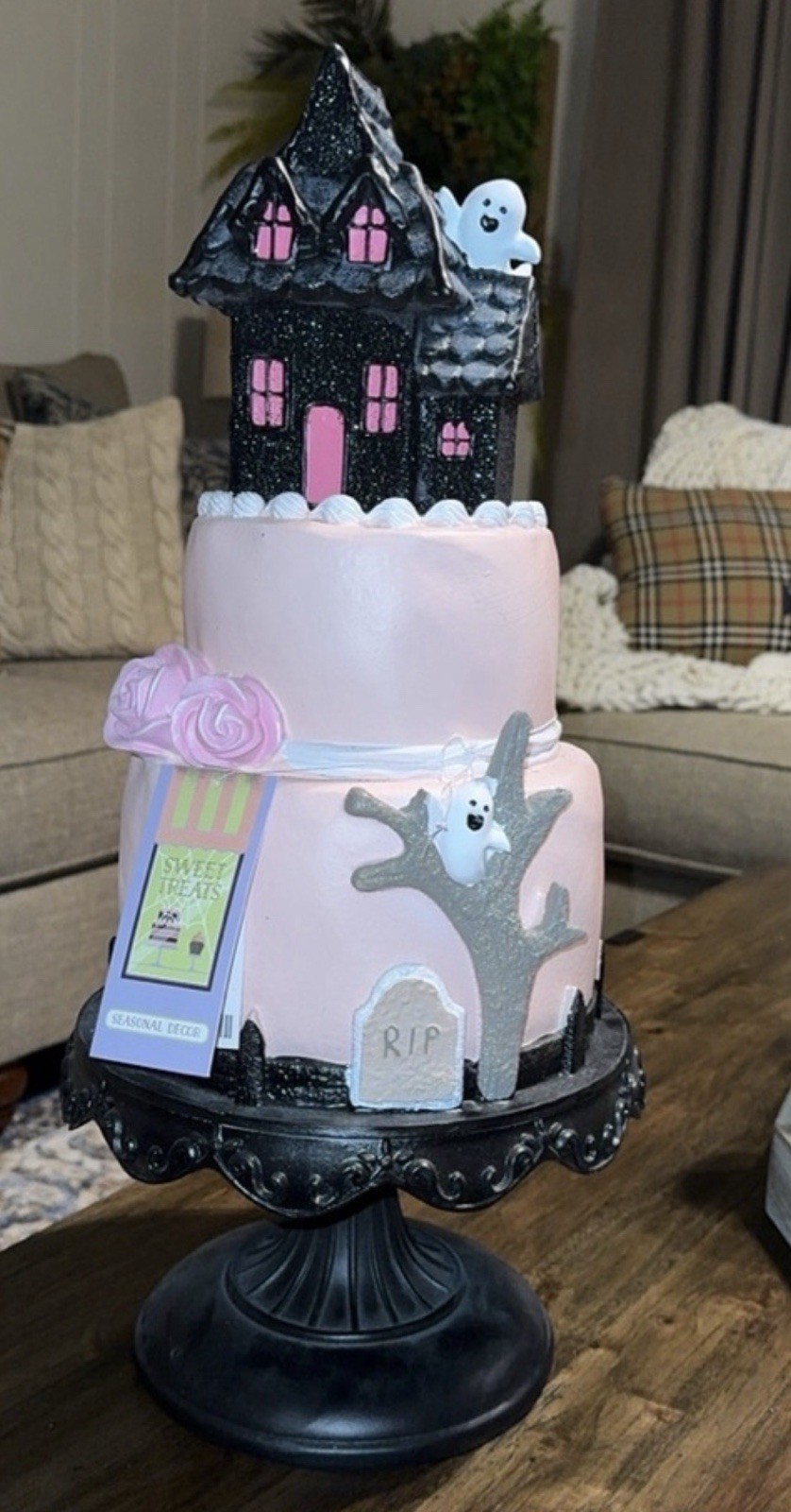 NWT Viral Pink Halloween Spooky Haunted House 3 Tier Cake Roses by Sweet Treats