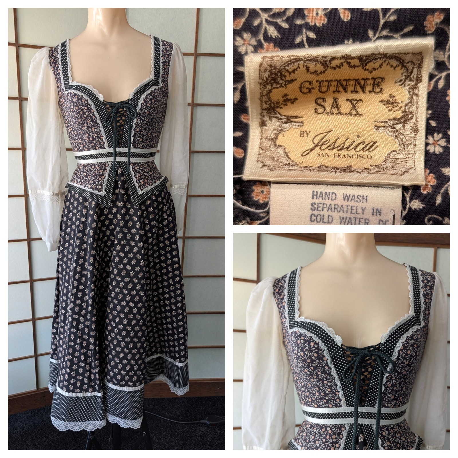 Vintage Gunne Sax Prairie Dress Sweetheart Neck Corset Sheer Sleeves Peplum XS/S